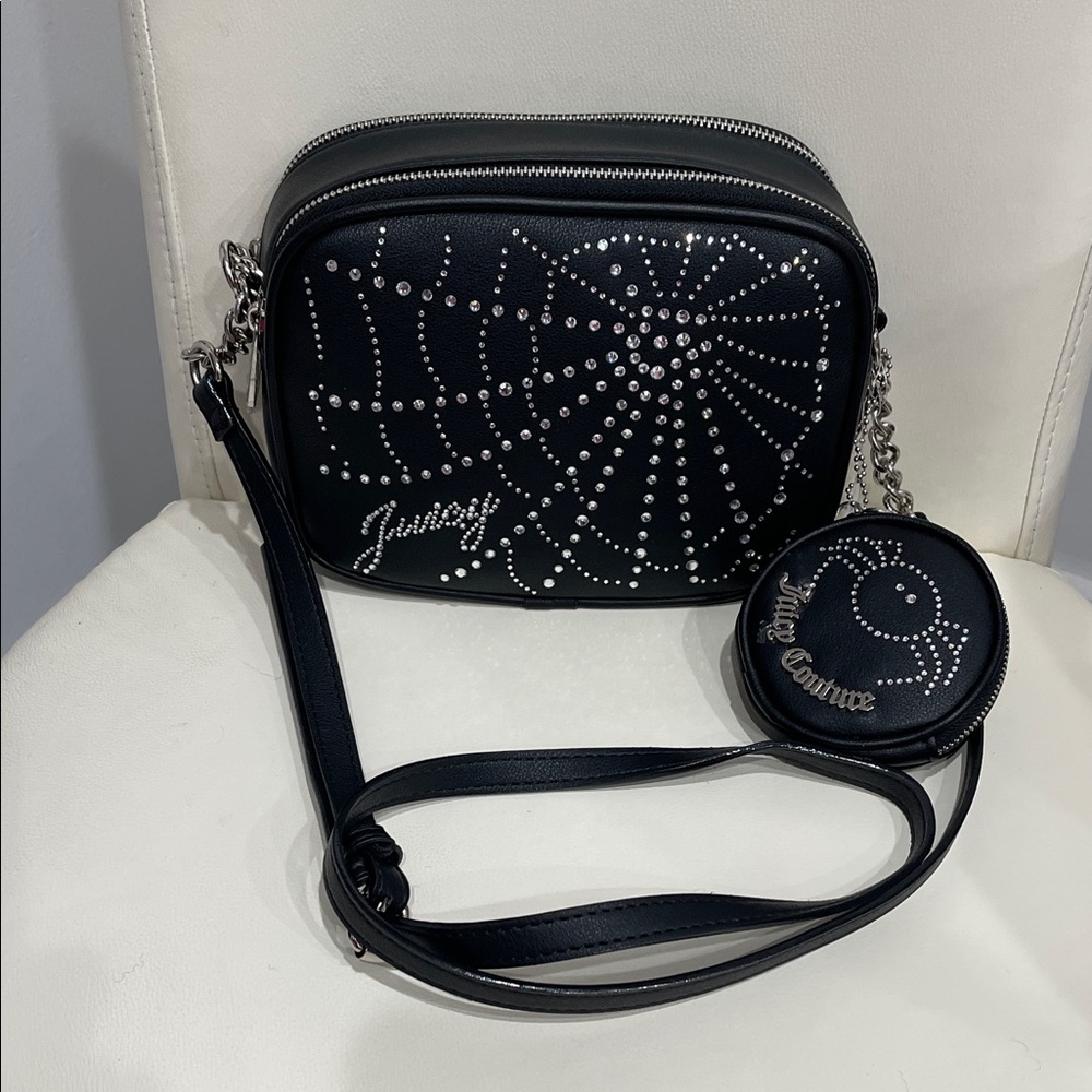 Juicy Couture Black & Silver Crossbody Bag w/ Rhinestone Spider Web  & Pouch